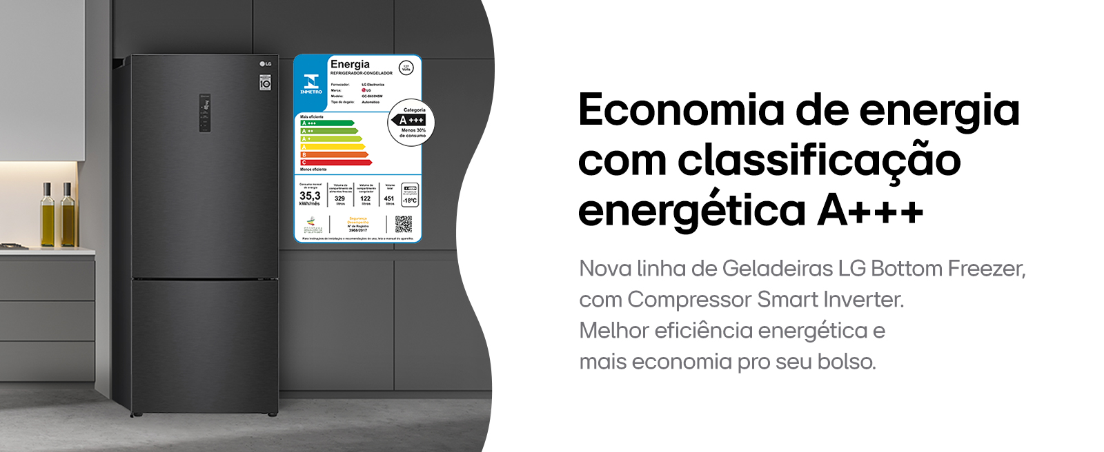 Geladeira ao lado de suas especificações técnicas