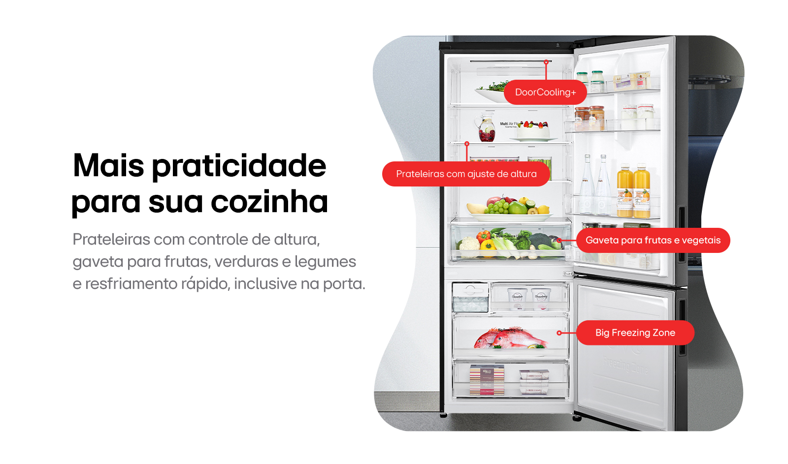 Geladeira aberta exibindo seus compartimentos reservados para cada tipo de alimento que vai para o seu interior