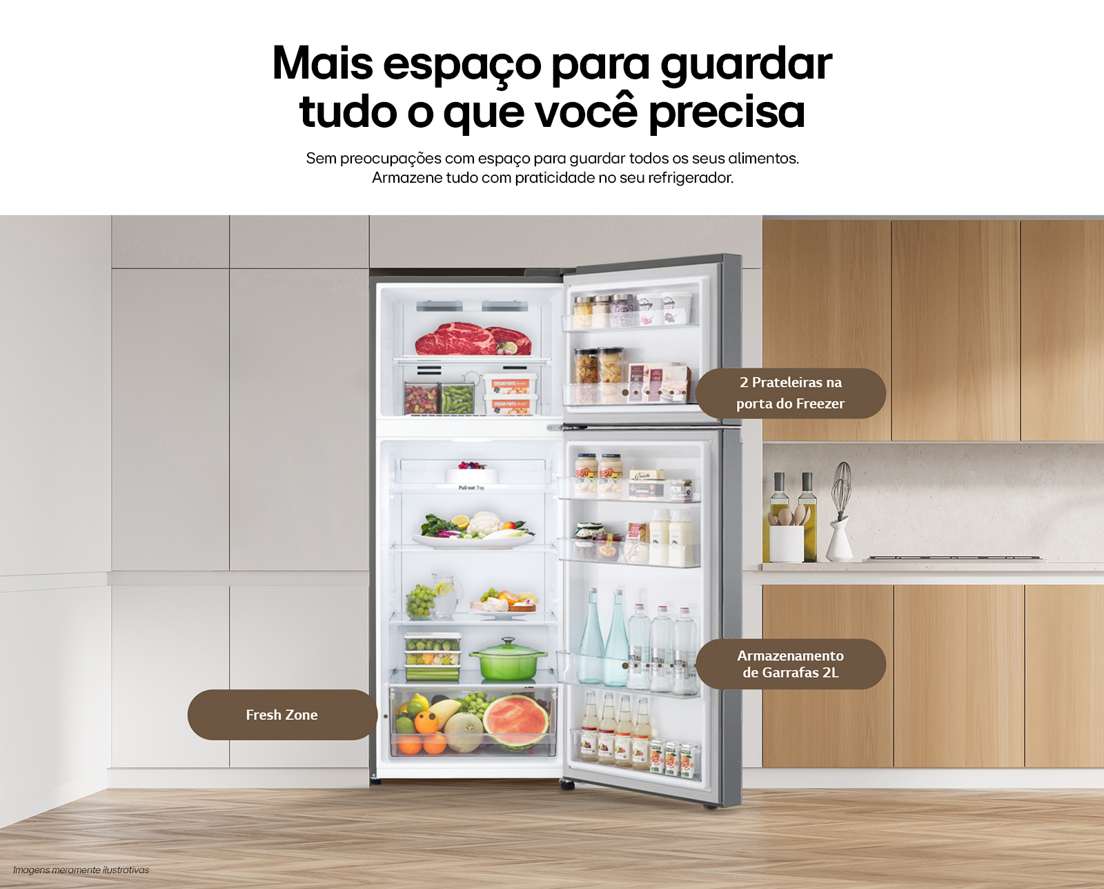 Geladeira aberta mostrando seus compartimentos e como a disposição dos itens se encaixa perfeitamente