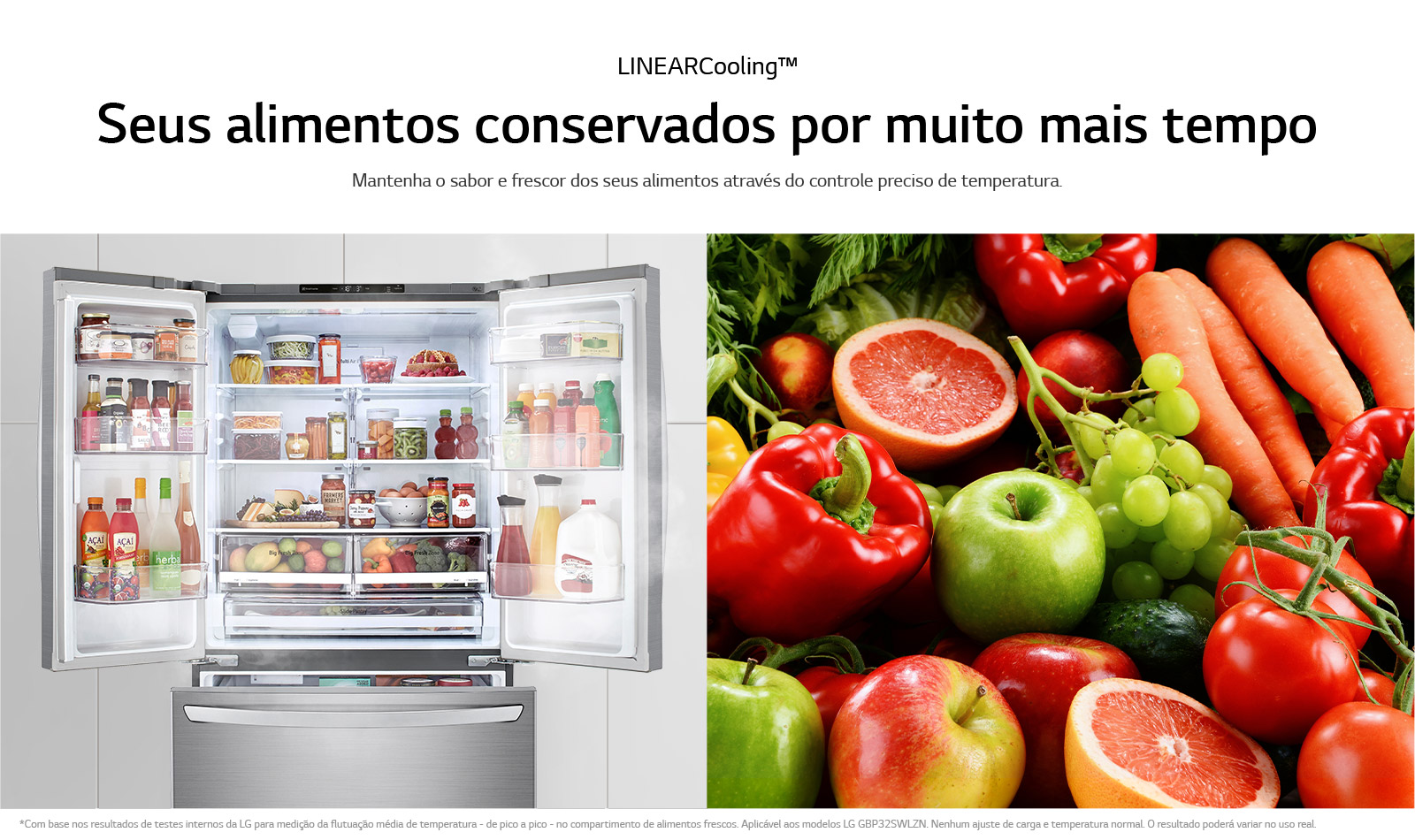 imagem da geladeira Lg aberta com seus alimentos frescos